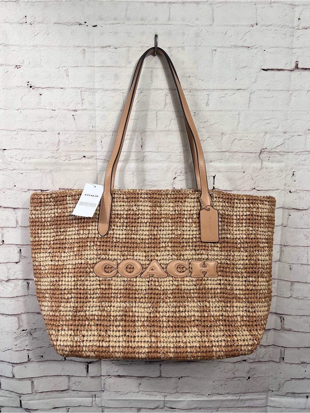 Coach City Tote Gingham Print Woven Straw and Smooth Tan Leather Trim CES22 NWT